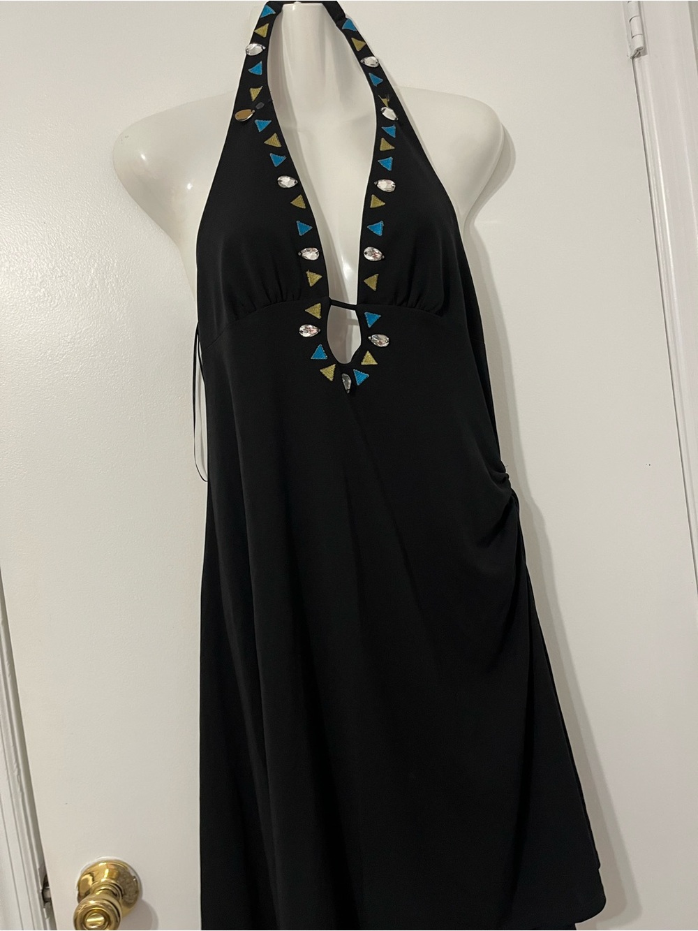 A-B-S- by Allen Schwartz Black Halter Dress with Gemstone Embellishment Neckline